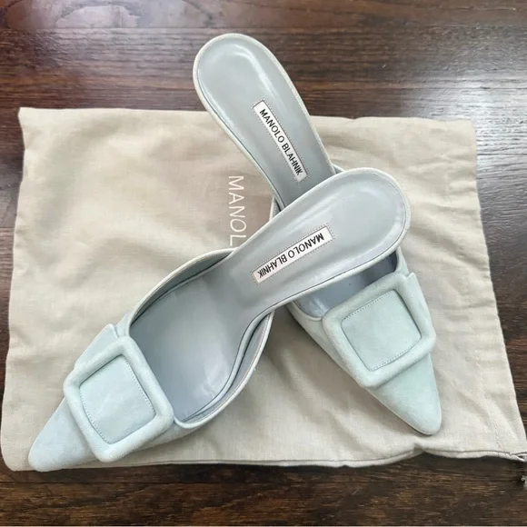 Manolo Blahnik Maysale Suede Buckle Mules Light blue Size 10.5 - Picture 2 of 5